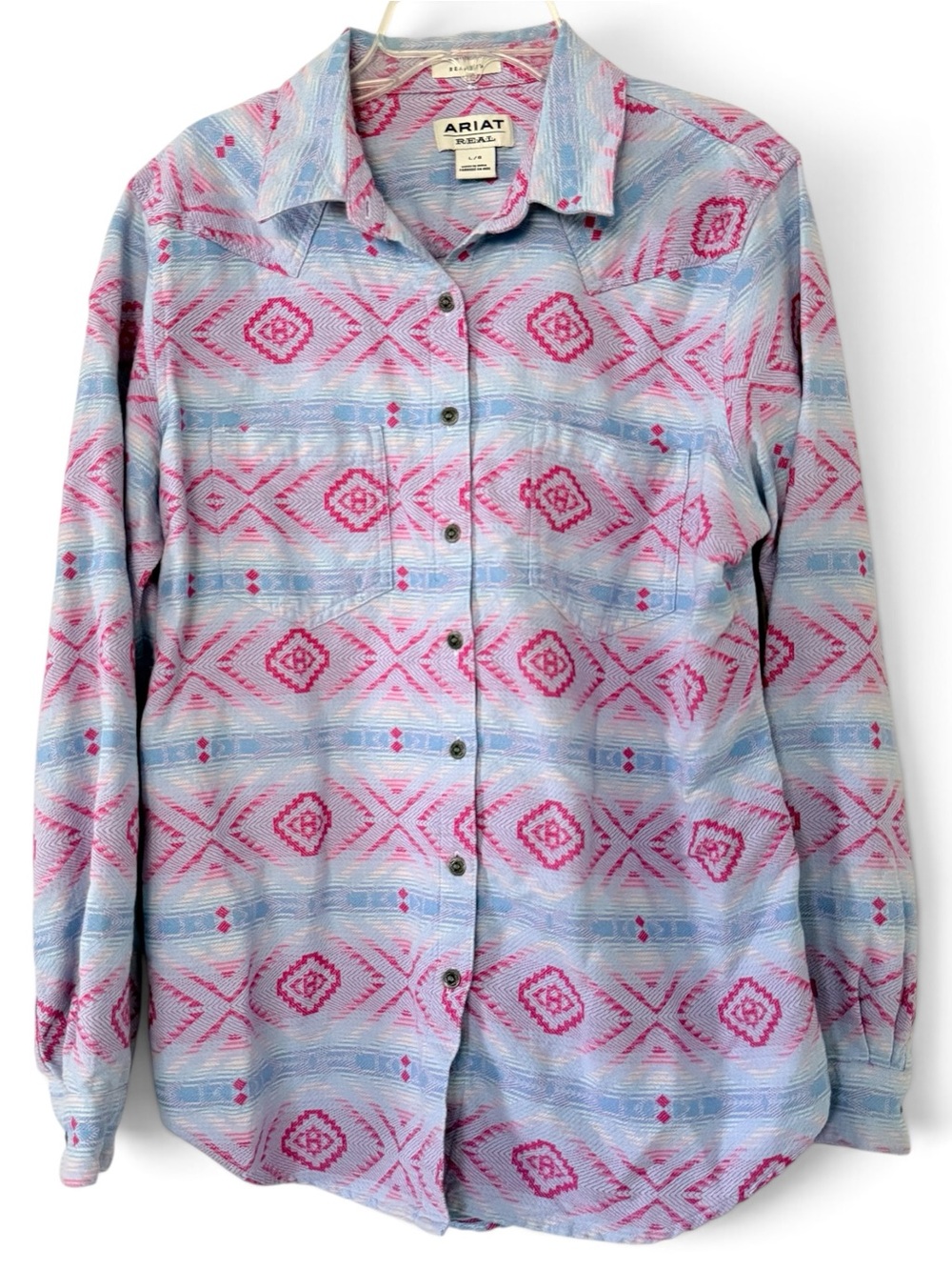Ariat Light Blue & Pink Aztec Button-Front Shirt size L Western Serape Rodeo